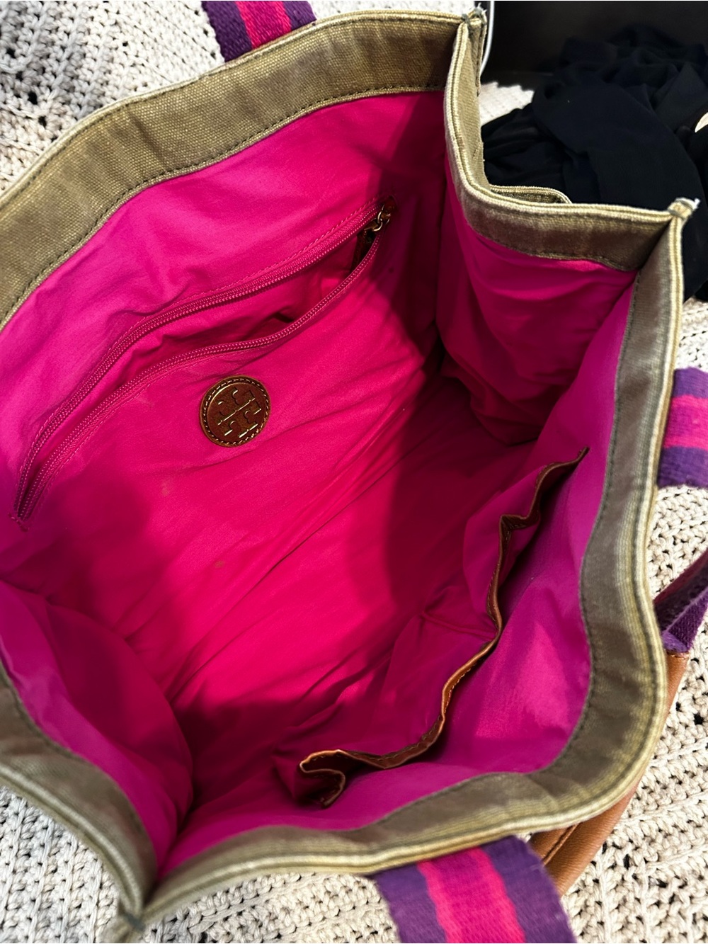 Tory Burch Olive Canvas Tote with Pink & Purple Stripe Handles - Picture 8 of 10
